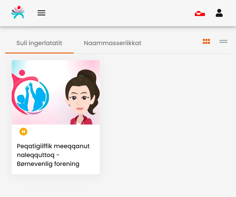 Activate LMS på grønlandsk for Grønlands Idrætsforbund: kursusoversigten med kurset Børnevenlig forening