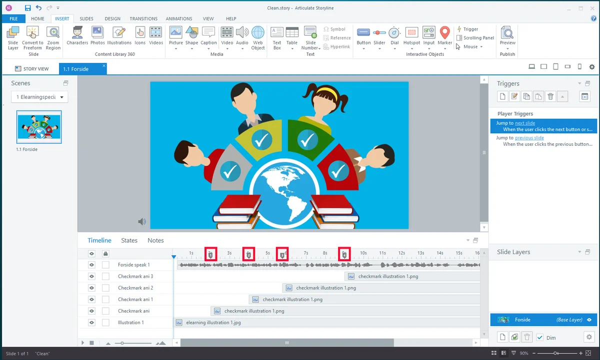 Articulate Storyline 360 med tidslinjen åben: lag, objekter og cue points under sliden