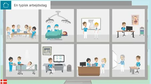 Animation lavet i Vyond: tegnet tværsnit af et hospital med operation, laboratorium, kontor og sengestue