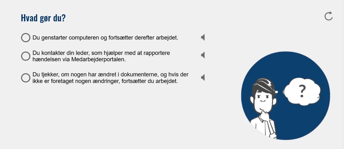 Screen from the information security module: the question "What do you do?" with three options, after coming back from lunch having left the computer unlocked