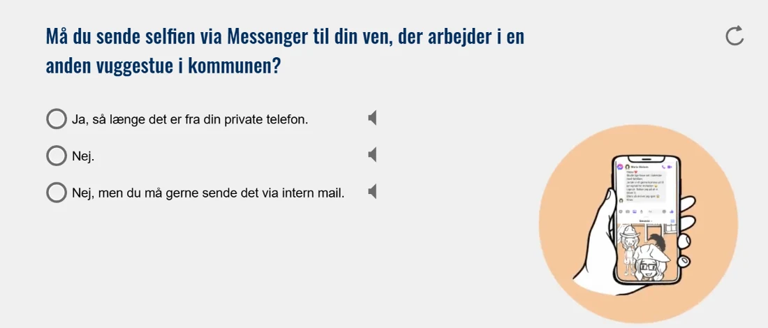 Screen from the GDPR module: "May you send the selfie to your friend who works at another nursery in the municipality?" with three options